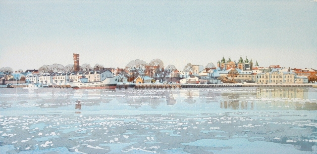 Reproducerad akvarell/giclée - Kalmar hamn en vinterdag